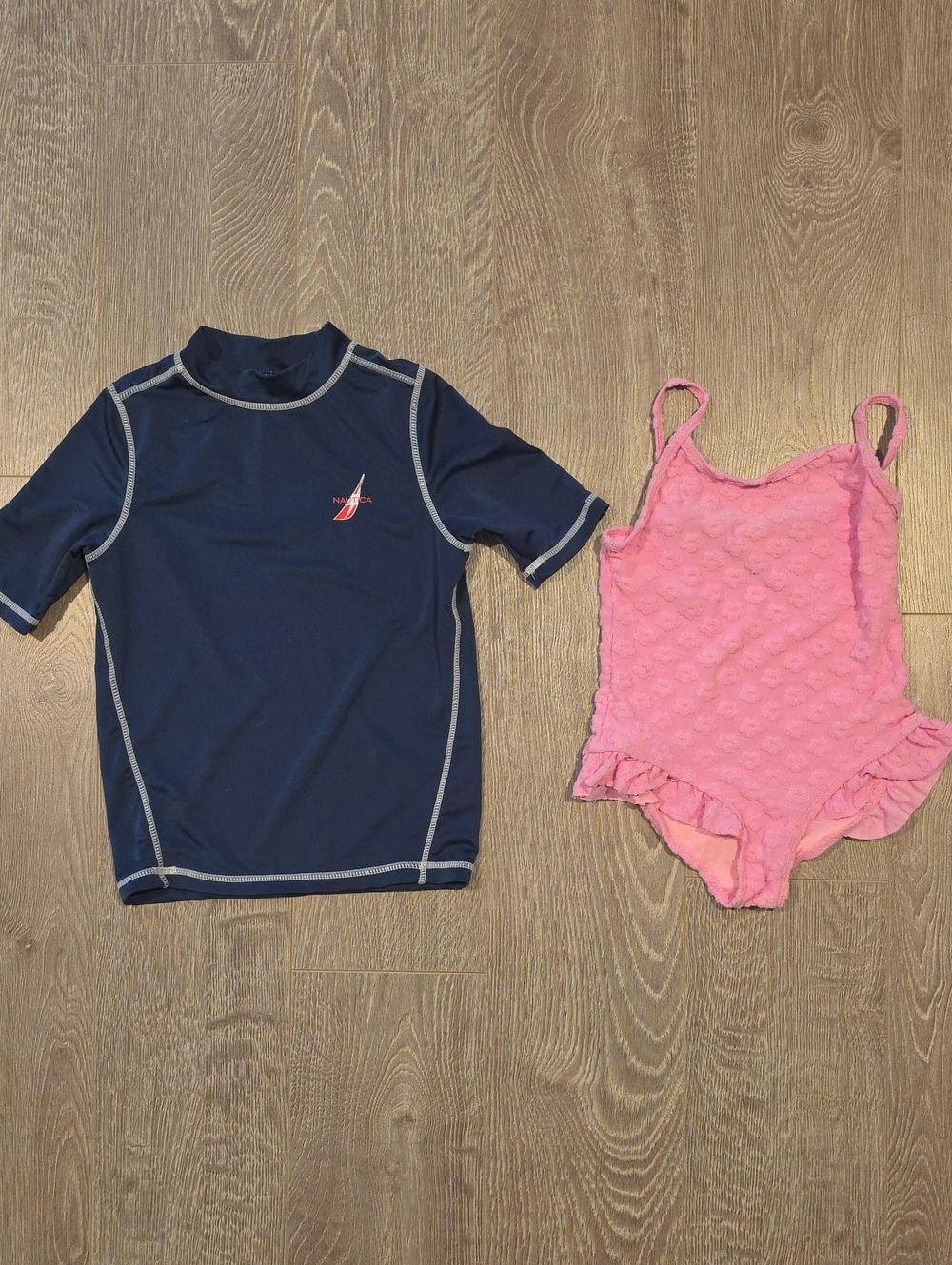 Kids Navy Rash Guard Swim Shirt & Pink Ruffle One-Piece Swimsuit